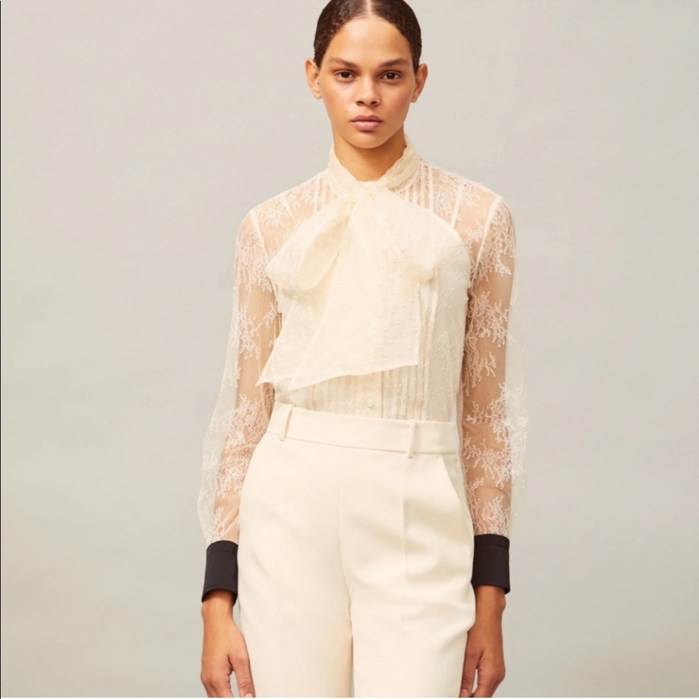Tory Burch Ivory Chantilly Lace Bow Blouse Size 12